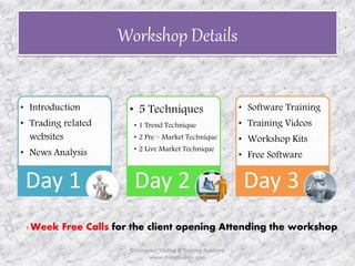 Workshop Details 
• Introduction 
• Trading related 
websites 
• News Analysis 
Day 1 
• 5 Techniques 
• 1 Trend Technique 
• 2 Pre – Market Technique 
• 2 Live Market Technique 
Day 2 
• Software Training 
• Training Videos 
• Workshop Kits 
• Free Software 
Day 3 
1 Week Free Calls for the client opening Attending the workshop 
©Universal Trading & Training Academy 
www.sharensetips.com 
 