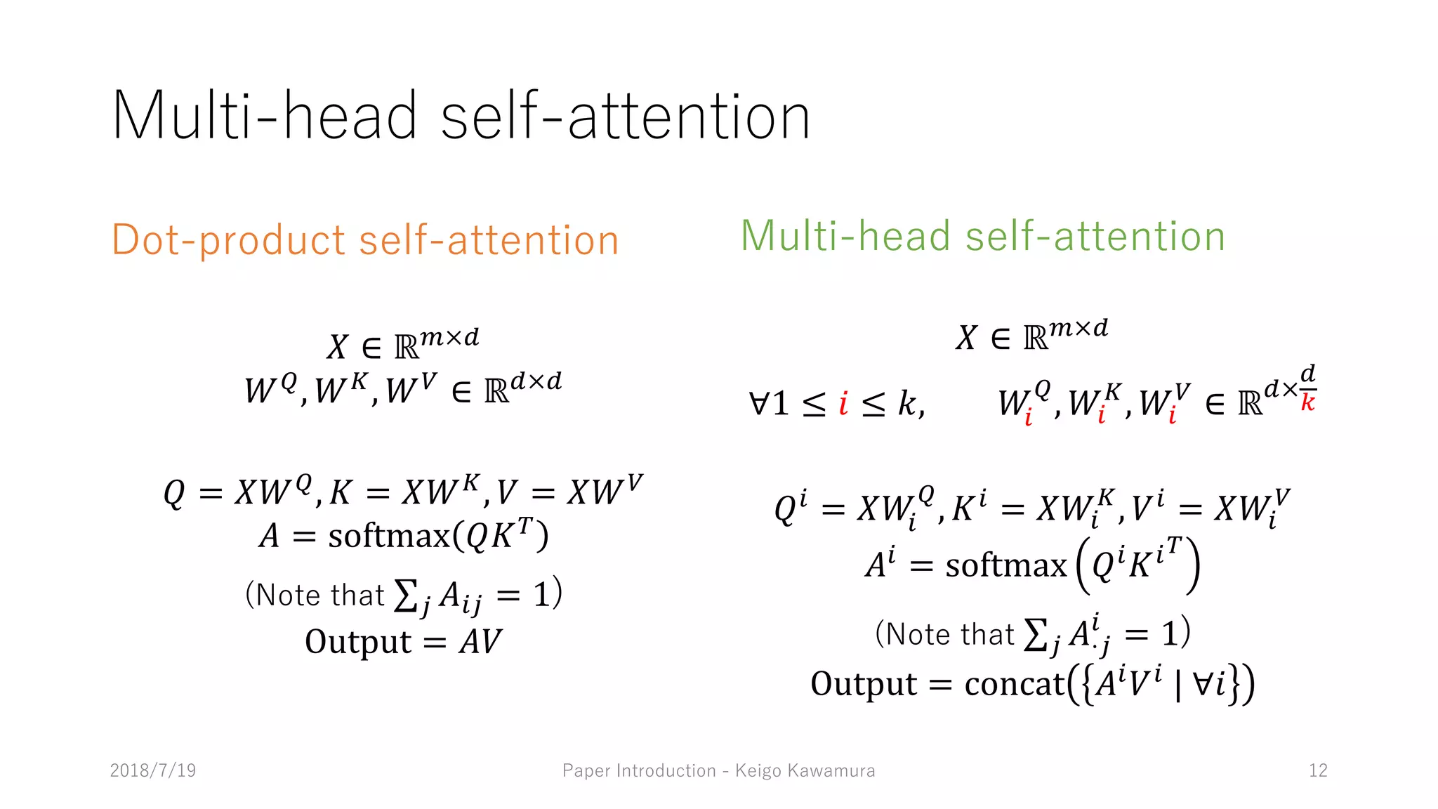 7 2/1 27 / 29 9
! ∈ ℝ$×&
∀1 ≤ * ≤ +, -.
/
, -.
0
, -.
1
∈ ℝ&×
&
2
3.
= !-.
/
, 5.
= !-.
0
, 6.
= !-.
1
7.
= softmax 3.
5.?
- 2 / ∑A 7⋅A
.
= 1
Output = concat 7.
6.
| ∀*
( / 2 9 1 0 9 2 / /8 /
) 1 0 27 / 29 9
! ∈ ℝ$×&
-/
, -0
, -1
∈ ℝ&×&
3 = !-/
, 5 = !-0
, 6 = !-1
7 = softmax 35?
- 2 / ∑A 7.A = 1
Output = 76
 