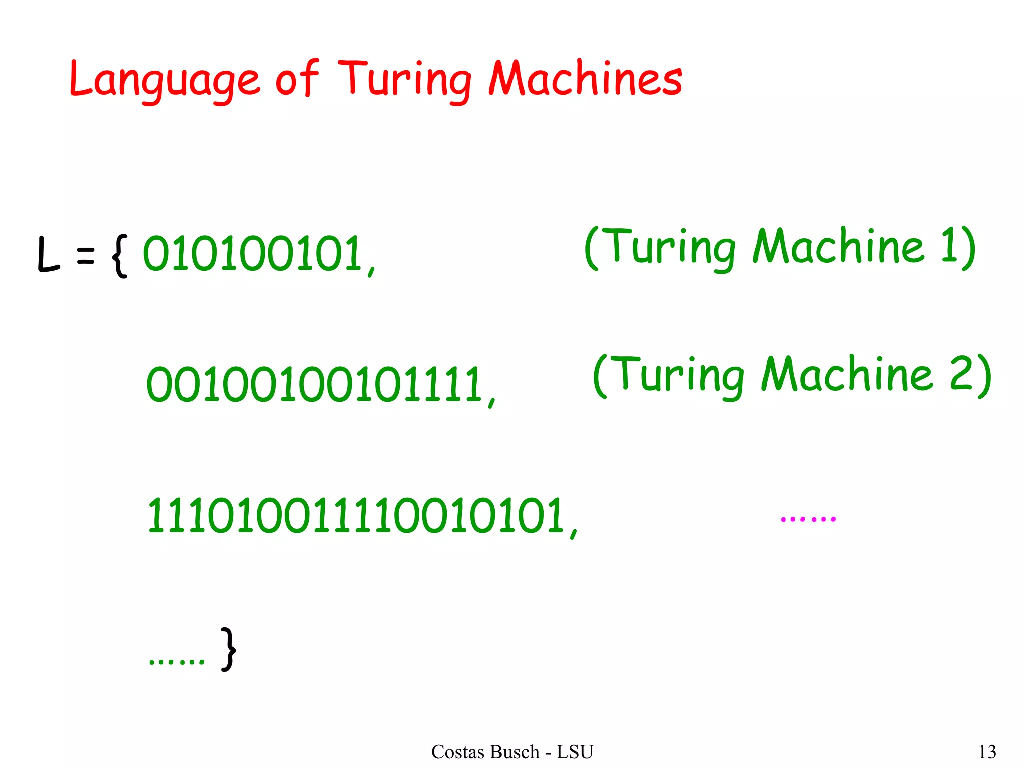 Costas Busch - LSU 13
Language of Turing Machines
L = { 010100101,
00100100101111,
111010011110010101,
…… }
(Turing Machine 1)
(Turing Machine 2)
……
 