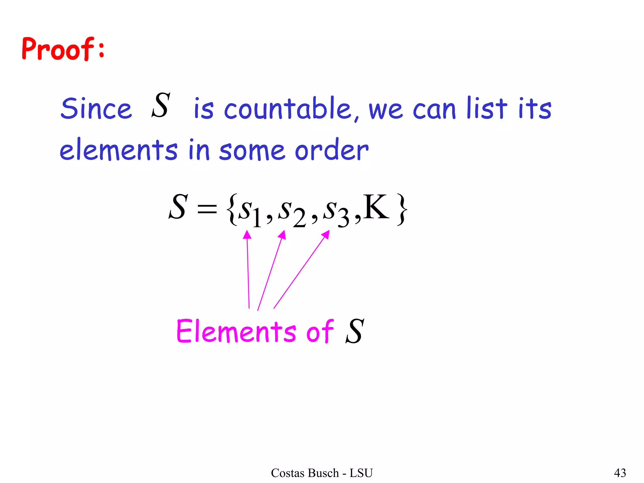 Costas Busch - LSU 43
Proof:
Since is countable, we can list its
elements in some order
S
},,,{ 321 sssS 
Elements of S
 