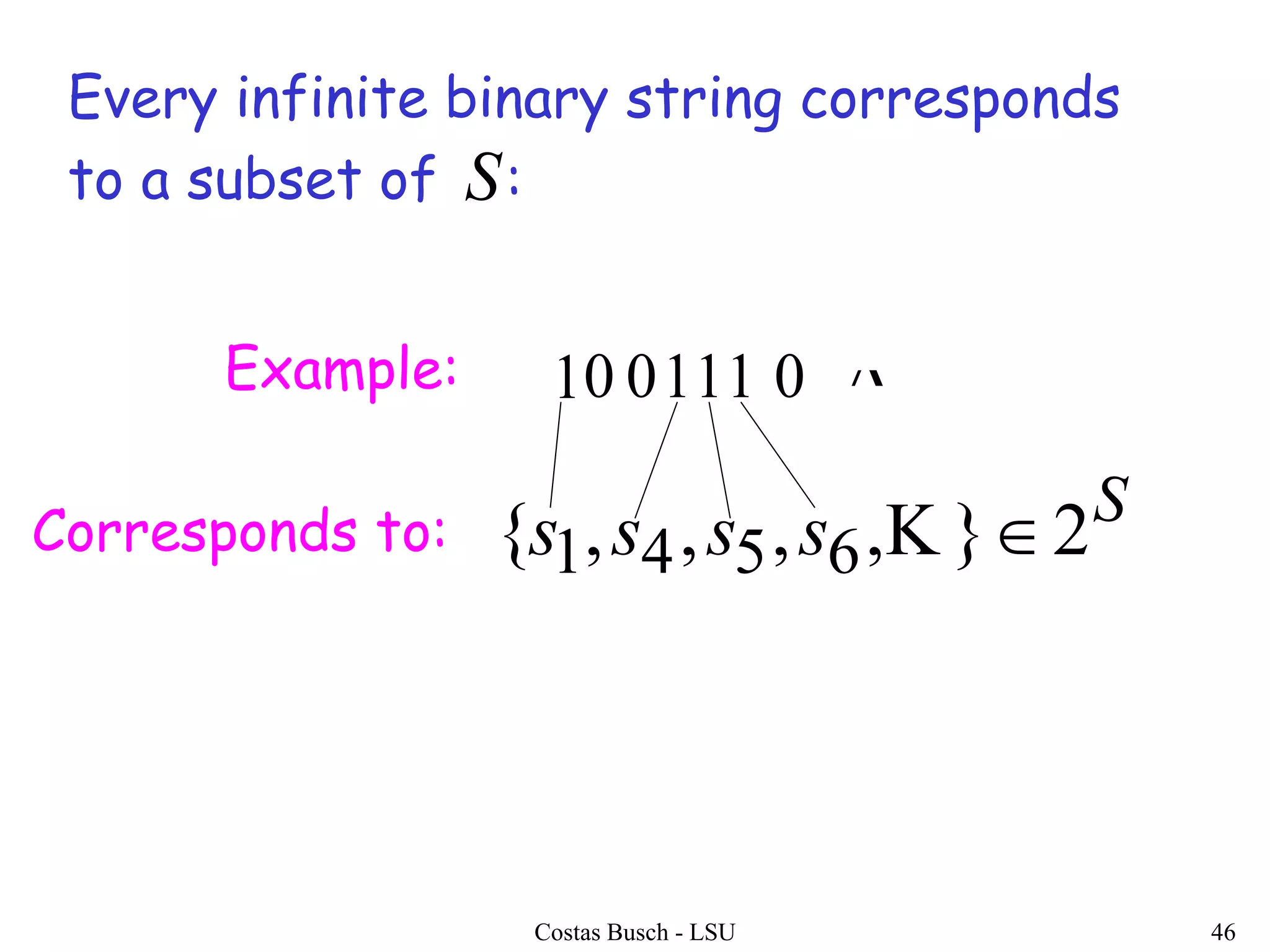 Costas Busch - LSU 46
Every infinite binary string corresponds
to a subset of :
10 Example: 0111 0
Corresponds to:
S
ssss 2},,,,{ 6541 
S
 