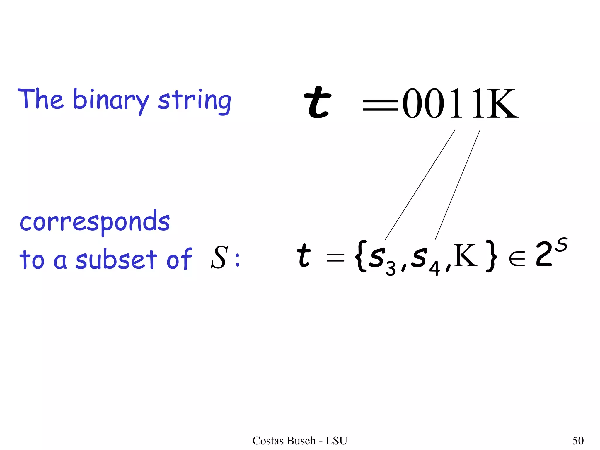 Costas Busch - LSU 50
0011tThe binary string
corresponds
to a subset of :
S
sst 2},,{ 43  S
 