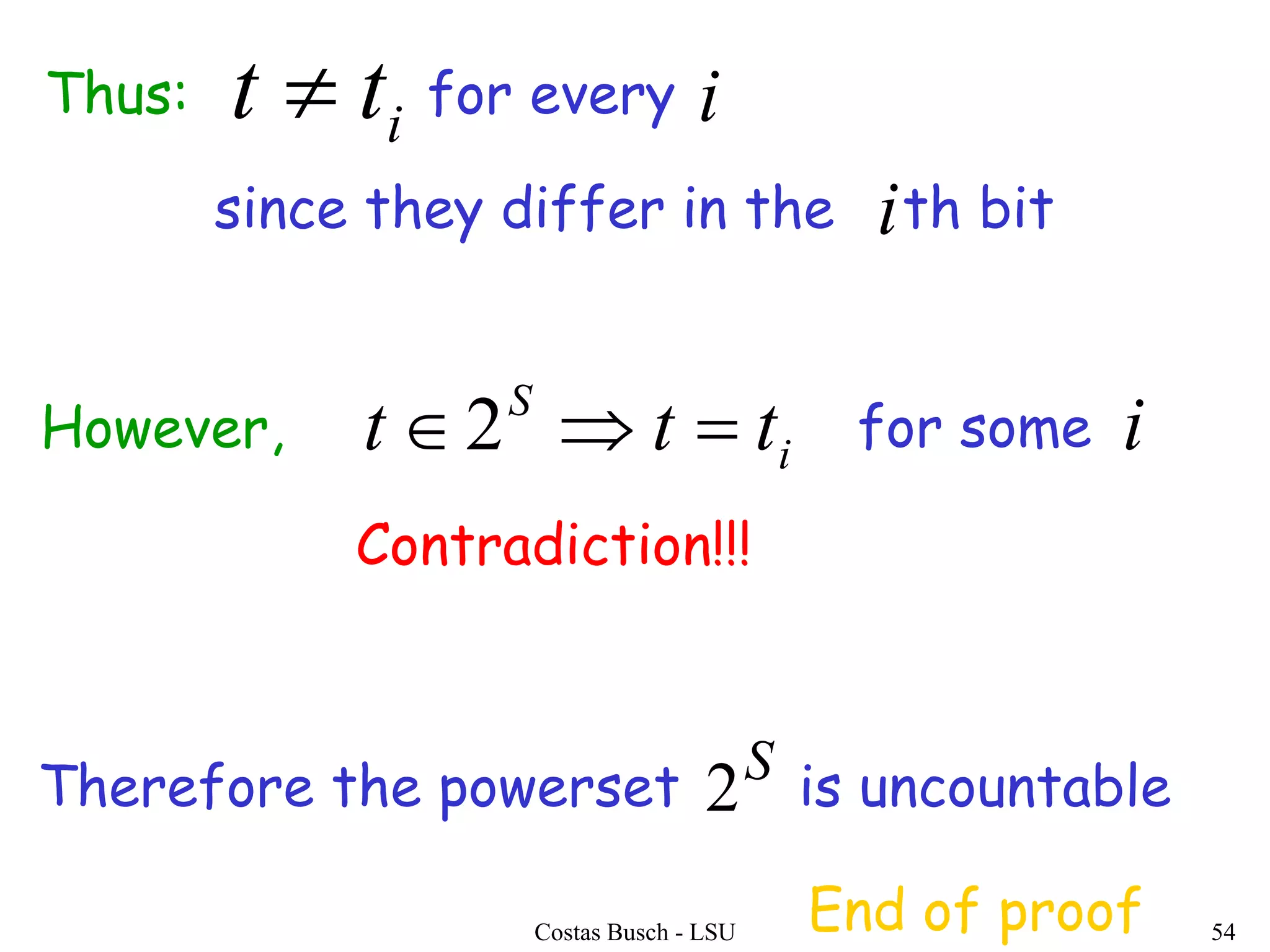 Costas Busch - LSU 54
Thus: for every i
However,
since they differ in the th bit
Contradiction!!!
itt 
i
S
ttt 2 for some i
i
S
2Therefore the powerset is uncountable
End of proof
 
