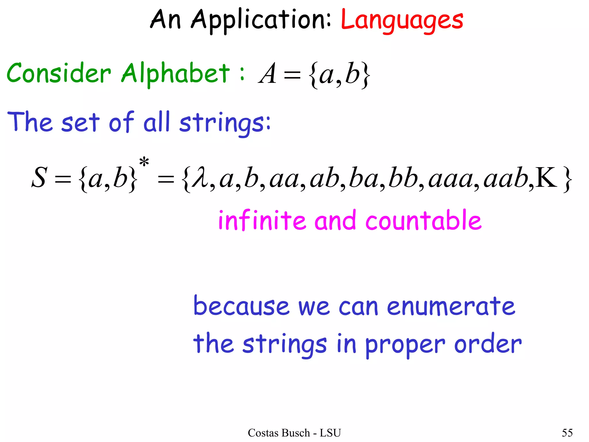 Costas Busch - LSU 55
An Application: Languages
The set of all strings:
},,,,,,,,,{},{ *
aabaaabbbaabaababaS 
infinite and countable
Consider Alphabet : },{ baA 
because we can enumerate
the strings in proper order
 
