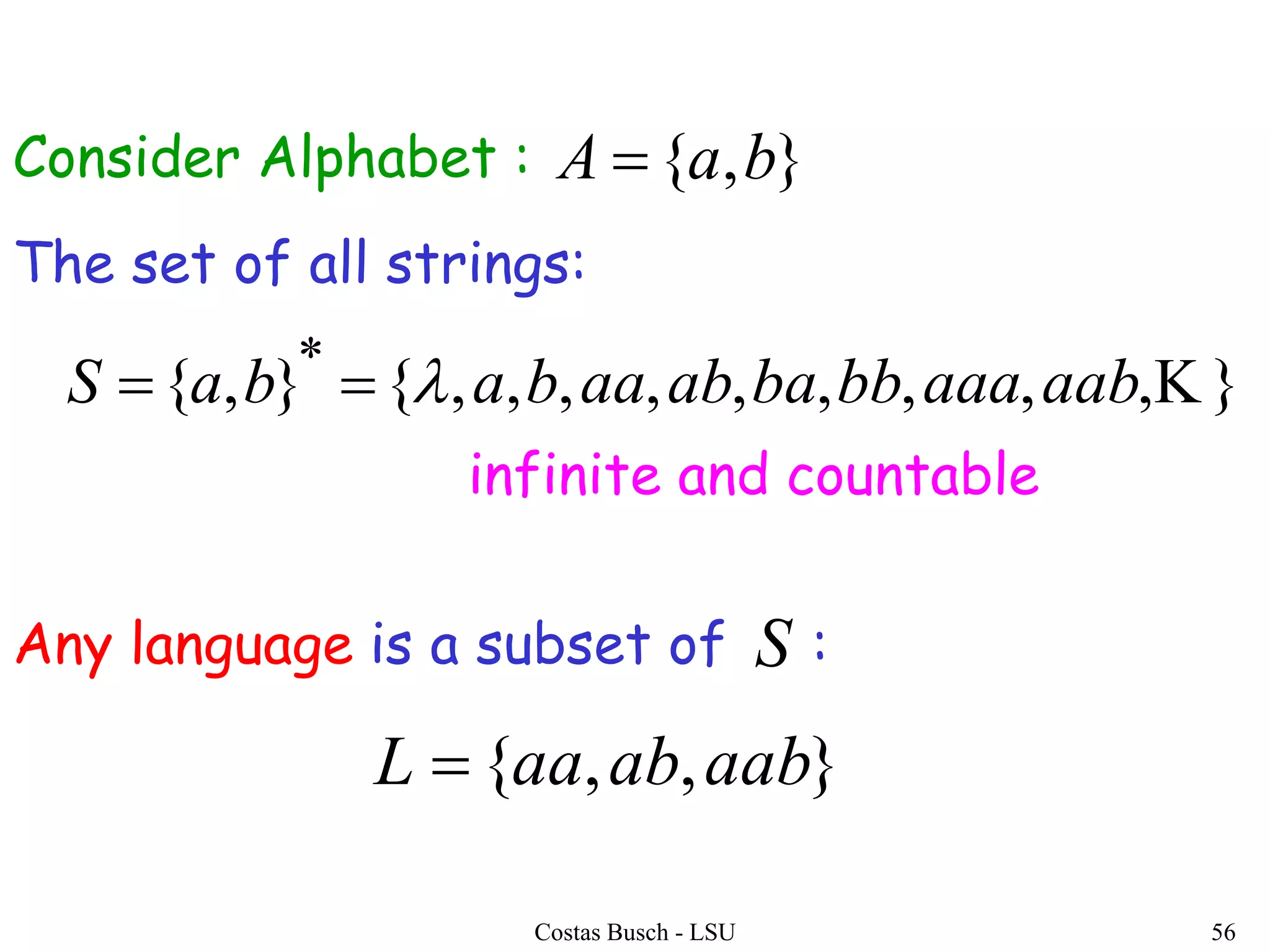 Costas Busch - LSU 56
The set of all strings:
},,,,,,,,,{},{ *
aabaaabbbaabaababaS 
infinite and countable
Any language is a subset of :
},,{ aababaaL 
S
Consider Alphabet : },{ baA 
 