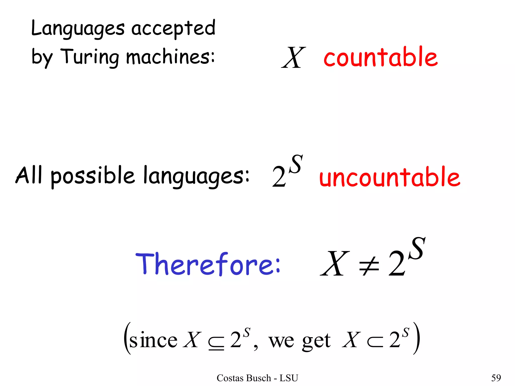 Costas Busch - LSU 59
X countable
S
2 uncountable
Languages accepted
by Turing machines:
All possible languages:
Therefore:
S
X 2
 SS
XX 2getwe,2since 
 