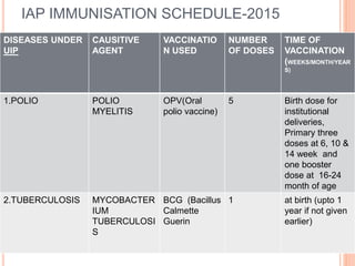 IAP IMMUNISATION SCHEDULE-2015
DISEASES UNDER
UIP
CAUSITIVE
AGENT
VACCINATIO
N USED
NUMBER
OF DOSES
TIME OF
VACCINATION
(WEEKS/MONTH/YEAR
S)
1.POLIO POLIO
MYELITIS
OPV(Oral
polio vaccine)
5 Birth dose for
institutional
deliveries,
Primary three
doses at 6, 10 &
14 week and
one booster
dose at 16-24
month of age
2.TUBERCULOSIS MYCOBACTER
IUM
TUBERCULOSI
S
BCG (Bacillus
Calmette
Guerin
1 at birth (upto 1
year if not given
earlier)
 