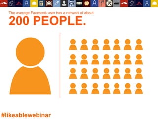The average Facebook user has a network of about
200 PEOPLE.
#likeablewebinar
 