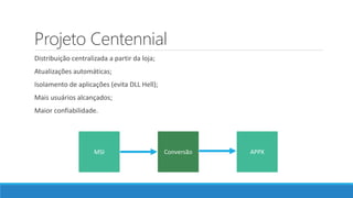Projeto Centennial
Distribuição centralizada a partir da loja;
Atualizações automáticas;
Isolamento de aplicações (evita DLL Hell);
Mais usuários alcançados;
Maior confiabilidade.
MSI Conversão APPX
 