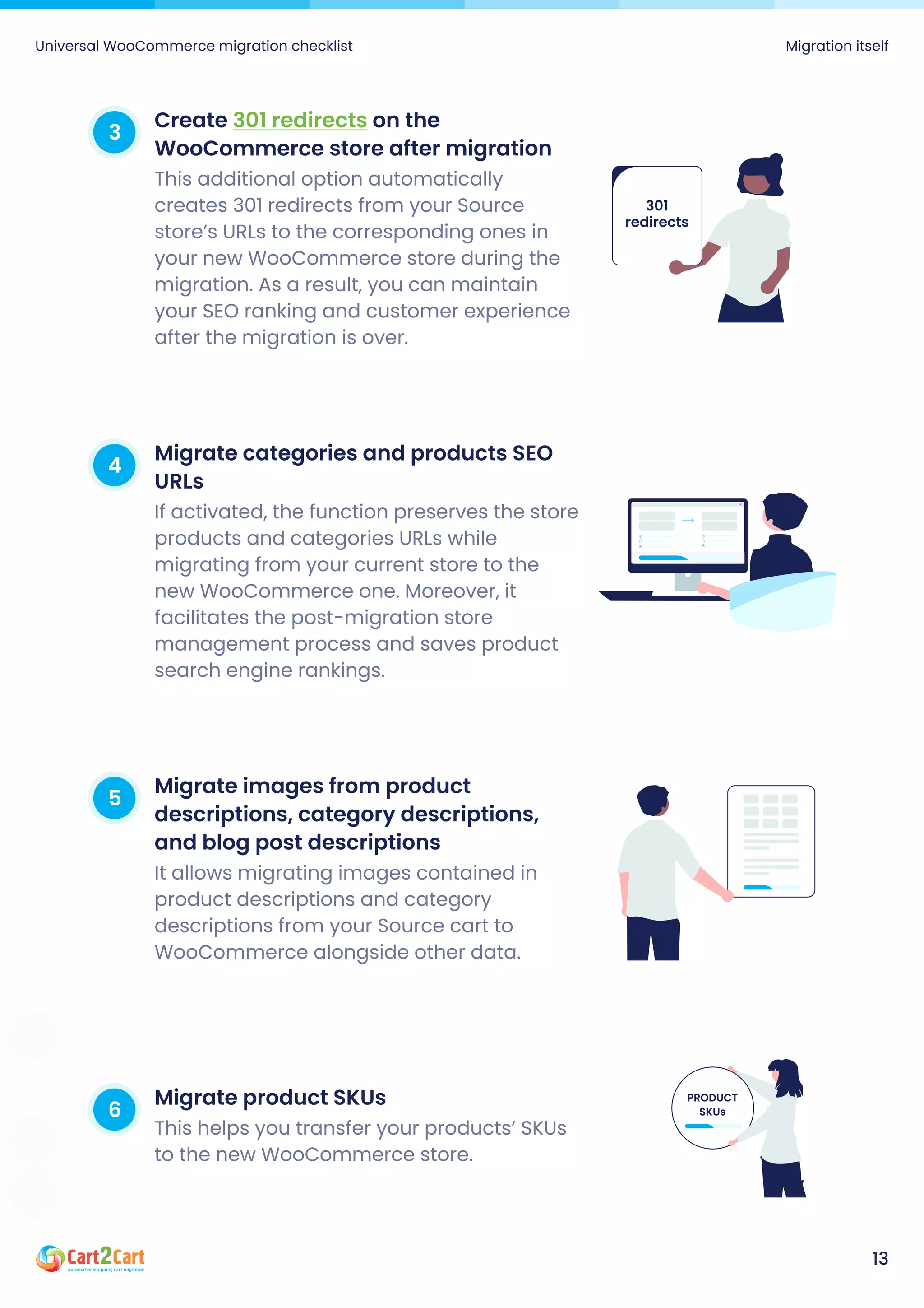 Universal WooCommerce migration checklist Migration itself
13
3
Create on the
WooCommerce store after migration
301 redirects
This additional option automatically
creates 301 redirects from your Source
store’s URLs to the corresponding ones in
your new WooCommerce store during the
migration. As a result, you can maintain
your SEO ranking and customer experience
after the migration is over.
301
redirects
4
Migrate categories and products SEO
URLs
If activated, the function preserves the store
products and categories URLs while
migrating from your current store to the
new WooCommerce one. Moreover, it
facilitates the post-migration store
management process and saves product
search engine rankings.
5
Migrate images from product
descriptions, category descriptions,
and blog post descriptions
It allows migrating images contained in
product descriptions and category
descriptions from your Source cart to
WooCommerce alongside other data.
6
Migrate product SKUs
This helps you transfer your products’ SKUs
to the new WooCommerce store.
product
SKUs
 