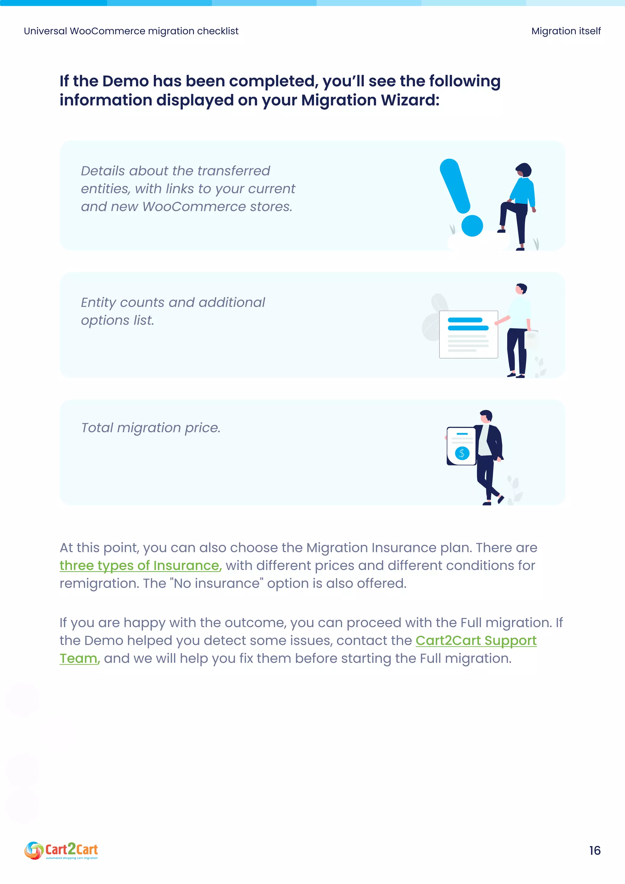 If the Demo has been completed, you’ll see the following
information displayed on your Migration Wizard:
If you are happy with the outcome, you can proceed with the Full migration. If
the Demo helped you detect some issues, contact the
and we will help you fix them before starting the Full migration.
Cart2Cart Support
Team,
At this point, you can also choose the Migration Insurance plan. There are
with different prices and different conditions for
remigration. The "No insurance" option is also offered.
three types of Insurance,
Universal WooCommerce migration checklist Migration itself
16
Details about the transferred
entities, with links to your current
and new WooCommerce stores.
Entity counts and additional
options list.
Total migration price.
 