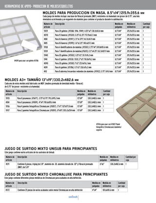 #5936 para usar con #5857 Panel
fotográfico ChromaLuxe/caballete/
soporte
#4091 para usar con gafete #5786
MOLDES PARA PRODUCCION EN MASA, 8.5"X14"/215,9X355,6 MM
Cada juego de moldes incluye: una base de fibracel prensado (MDF) resistente a la humedad con grosor de 0.75", una tela
niveladora acolchonada y un esqueleto de aluminio para contener el producto durante la sublimación.
Número de
artículo
Descripción Medida en
pulgadas
Medida en
milímetros
Cantidad
por caja
5929 Para 24 gafetes (#5588, 5916, 5949) 1.125"x2"/28,5x50,8 mm 8.5"x14" 215,9x355,6 mm 1
4070 Para 15 llaveros (#5524) 2.25"x2.25"/57,15x63,5 mm 8.5"x14" 215,9x355,6 mm 1
4184 Para 16 llaveros (#5917) 2.5"x1.375"/63,5x34,9 mm 8.5"x14" 215,9x355,6 mm 1
4185 Para 18 llaveros (#5995) 1.6"x2.25"/40,6x57,1 mm 8.5"x14" 215,9x355,6 mm 1
5938 Para 6 identificadores de maletas (#5503) 2.75"x4"/69,8x101,6 mm 8.5"x14" 215,9x355,6 mm 1
5939 Para 7 identificadores de maletas(#5655) 2.5"x4.25"/63,5x107,9 mm 8.5"x14" 215,9x355,6 mm 1
5940 Para 20 gafetes (#5502) 1.25"x3"/31,7x76,2 mm 8.5"x14" 215,9x355,6 mm 1
5941 Para 12 gafetes (#5530, 5531) 2"x3"/50,8x76,2 mm 8.5"x14" 215,9x355,6 mm 1
4090 Para 20 gafetes (#5501) 1"x3"/25,4x76,2 mm 8.5"x14" 215,9x355,6 mm 1
4091 Para 16 gafetes (#5786) 1.5"x3"/38,1x76,2 mm 8.5"x14" 215,9x355,6 mm 1
4112 Para 8 adornos/recuerdos redondos de aluminio (#5922) 2.75"/69,8 mm 8.5"x14" 215,9x355,6 mm 1
MOLDES A3+ TAMAÑO 13"X19"/330,2X482,6 MM
Cada uno de estos moldes está fabricado con MDF (madera prensada de densidad media - Fibracel)
de 0.75" de grosor resistente a la humedad.
Número de
artículo
Descripción Medida en
pulgadas
Medida en
milímetros
Cantidad
por caja
5935 Para 8 posavasos (#5677), 3.75"x3.75"/95,2x95,2 mm 13"x19" 330,2x482,6 mm 1
4104 Para 8 posavasos (#1009), 4"x4"/101,6x101,6 mm 13"x19" 330,2x482,6 mm 1
5936 Para 4 paneles fotográficos ChromaLuxe (#5857), 5"x7"/127x177,8 mm 13"x19" 330,2x482,6 mm 1
5937 Para 2 paneles fotográficos ChromaLuxe (#5859), 8"x10"/203,2x254 mm 13"x19" 330,2x482,6 mm 1
herramientas de apoyo- Produccion de moldes/esqueletos
JUEGO DE SURTIDO MIXTO UNISUB PARA PRINCIPIANTES
Este juego contiene varios artículos de los sustratos de Unisub
Número de
artículo
Descripción Medida en
pulgadas
Medida en
milímetros
Cantidad por
caja
4571 Contiene 8 piezas, triplay de 1/8", aluminio de .30, aluminio dorado de .30" y Fibracel prensado
(MDF) de 5/8"
6"x6" 330,2x482,6 mm 1
JUEGO DE SURTIDO MIXTO CHROMALUXE PARA PRINCIPIANTES
Este juego contiene diferentes piezas metálicas de ChromaLuxe para acabados en alta definición.
Número de
artículo
Descripción Medida en
pulgadas
Medida en
milímetros
Cantidad
por caja
4572 Contiene 25 piezas de varios acabados sobre metal ChromaLuxe en alta definición 4"x4" 101,6x101,6 mm 1
 