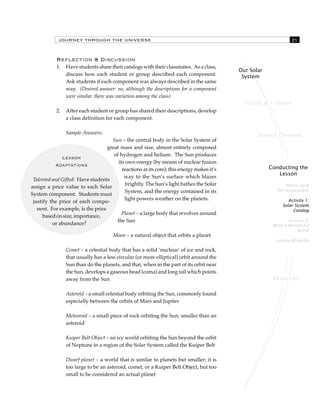 JOURNEY THROUGH THE UNIVERSE 21 
Lesson at a Glance 
Science Overview 
Conducting the 
Lesson 
Warm Up & 
Pre-Assessment 
Activity 1: 
Solar System 
Catalog 
Activity 2: 
What a Wonderful 
World 
Lesson Wrap-Up 
Resources 
Our Solar 
System 
Reflection & Discussion 
1. Have students share their catalogs with their classmates. As a class, 
discuss how each student or group described each component. 
Ask students if each component was always described in the same 
way. (Desired answer: no, although the descriptions for a component 
were similar, there was variation among the class) 
2. After each student or group has shared their descriptions, develop 
a class definition for each component. 
Sample Answers: 
Sun – the central body in the Solar System of 
great mass and size, almost entirely composed 
of hydrogen and helium. The Sun produces 
its own energy (by means of nuclear fusion 
reactions at its core); this energy makes it’s 
way to the Sun’s surface which blazes 
brightly. The Sun’s light bathes the Solar 
System, and the energy contained in its 
light powers weather on the planets. 
Planet – a large body that revolves around 
the Sun 
Moon – a natural object that orbits a planet 
Lesson 
Adaptations 
Talented and Gifted: Have students 
assign a price value to each Solar 
System component. Students must 
justify the price of each compo-nent. 
For example, is the price 
based on size, importance, 
or abundance? 
Comet – a celestial body that has a solid ‘nucleus’ of ice and rock, 
that usually has a less circular (or more elliptical) orbit around the 
Sun than do the planets, and that, when in the part of its orbit near 
the Sun, develops a gaseous head (coma) and long tail which points 
away from the Sun 
Asteroid – a small celestial body orbiting the Sun, commonly found 
especially between the orbits of Mars and Jupiter 
Meteoroid – a small piece of rock orbiting the Sun; smaller than an 
asteroid 
Kuiper Belt Object – an icy world orbiting the Sun beyond the orbit 
of Neptune in a region of the Solar System called the Kuiper Belt 
Dwarf planet – a world that is similar to planets but smaller; it is 
too large to be an asteroid, comet, or a Kuiper Belt Object, but too 
small to be considered an actual planet 
 