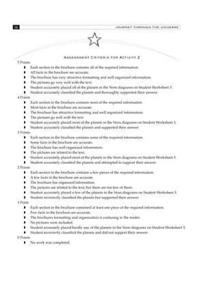 28 JOURNEY THROUGH THE UNIVERSE 
Assessment Criteria for Activity 2 
5 Points 
 Each section in the brochure contains all of the required information. 
 All facts in the brochure are accurate. 
 The brochure has very attractive formatting and well organized information. 
 The pictures go very well with the text. 
 Student accurately placed all of the planets in the Venn diagrams on Student Worksheet 3. 
 Student accurately classified the planets and thoroughly supported their answer. 
4 Points 
 Each section in the brochure contains most of the required information. 
 Most facts in the brochure are accurate. 
 The brochure has attractive formatting and well organized information. 
 The pictures go well with the text. 
 Student accurately placed most of the planets in the Venn diagrams on Student Worksheet 3. 
 Student accurately classified the planets and supported their answer. 
3 Points 
 Each section in the brochure contains some of the required information. 
 Some facts in the brochure are accurate. 
 The brochure has well organized information. 
 The pictures are related to the text. 
 Student accurately placed most of the planets in the Venn diagrams on Student Worksheet 3. 
 Student accurately classified the planets and attempted to support their answer. 
2 Points 
 Each section in the brochure contains a few pieces of the required information. 
 A few facts in the brochure are accurate. 
 The brochure has organized information. 
 The pictures are related to the text, but there are too few of them. 
 Student accurately placed a few of the planets in the Venn diagrams on Student Worksheet 3. 
 Student incorrectly classified the planets but supported their answer. 
1 Point 
 Each section in the brochure contained at least one piece of the required information. 
 Few facts in the brochure are accurate. 
 The brochures formatting and organization is confusing to the reader. 
 No pictures were included. 
 Student accurately placed hardly any of the planets in the Venn diagrams on Student Worksheet 3. 
 Student incorrectly classified the planets and did not support their answer. 
0 Points 
 No work was completed. 
 