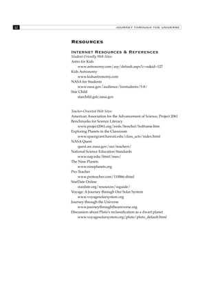 23 JOURNEY THROUGH THE UNIVERSE 
Resources 
Internet Resources & References 
Student-Friendly Web Sites: 
Astro for Kids 
www.astronomy.com/asy/default.aspx?c=ss&id=127 
Kids Astronomy 
www.kidsastronomy.com 
NASA for Students 
www.nasa.gov/audience/forstudents/5-8/ 
Star Child 
starchild.gsfc.nasa.gov 
Teacher-Oriented Web Sites: 
American Association for the Advancement of Science, Project 2061 
Benchmarks for Science Literacy 
www.project2061.org/tools/benchol/bolframe.htm 
Exploring Planets in the Classroom 
www.spacegrant.hawaii.edu/class_acts/index.html 
NASA Quest 
quest.arc.nasa.gov/sso/teachers/ 
National Science Education Standards 
www.nap.edu/html/nses/ 
The Nine Planets 
www.nineplanets.org 
Pro-Teacher 
www.proteacher.com/110066.shtml 
StarDate Online 
stardate.org/resources/ssguide/ 
Voyage: A Journey through Our Solar System 
www.voyagesolarsystem.org 
Journey through the Universe 
www.journeythroughtheuniverse.org 
Discussion about Pluto's reclassification as a dwarf planet 
www.voyagesolarsystem.org/pluto/pluto_default.html 
 