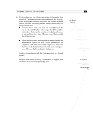 JOURNEY THROUGH THE UNIVERSE 35 
Lesson at a Glance 
Science Overview 
Conducting the 
Lesson 
Resources 
Internet Resources 
& References 
Teacher Answer 
Key 
Our Solar 
System 
2. The Venn diagrams very effectively organize the themes the class 
discussed. The planetary characteristics used on the two Venn dia-grams 
were chosen so that the planets fall into identical locations 
on both diagrams. If students place the planets correctly, they can 
easily conclude that: 
 Mercury, Venus, Earth, and Mars are: located between the 
Sun and Asteroid Belt, have a day longer than 20 hours (slow 
rotators), are Earth-sized or smaller, are rocky, have 3 moons 
or less, and don’t have rings. They are termed the terrestrial 
(Earth-like) worlds. 
 Jupiter, Saturn, Uranus, and Neptune are: located beyond the 
Asteroid Belt, rotate in less than 20 hours (fast rotators), are 
larger than Earth, are not rocky (they are gaseous), have more 
than 3 moons (actually families of moons), and have ring sys-tems. 
These are the Jovian (Jupiter-like) planets. 
Students should also conclude that Pluto seems to be in a class all 
by itself. 
Students must use the planetary characteristics to support their 
conclusion of two main categories of planets. 
 