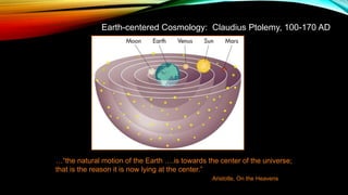 …“the natural motion of the Earth ….is towards the center of the universe;
that is the reason it is now lying at the center.”
Aristotle, On the Heavens
Earth-centered Cosmology: Claudius Ptolemy, 100-170 AD
 