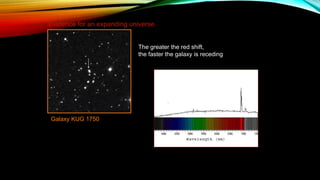 Evidence for an expanding universe
Galaxy KUG 1750
The greater the red shift,
the faster the galaxy is receding
 