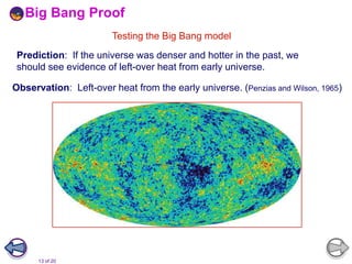 13 of 20
Prediction: If the universe was denser and hotter in the past, we
should see evidence of left-over heat from early universe.
Observation: Left-over heat from the early universe. (Penzias and Wilson, 1965)
Testing the Big Bang model
Big Bang Proof
 