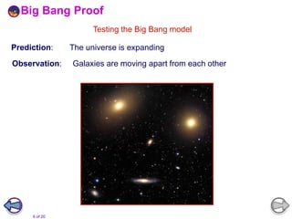 6 of 20
Prediction: The universe is expanding
Observation: Galaxies are moving apart from each other
Testing the Big Bang model
Big Bang Proof
 
