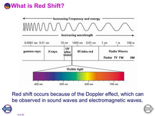 9 of 20
What is Red Shift?
Red shift occurs because of the Doppler effect, which can
be observed in sound waves and electromagnetic waves.
 