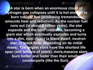 A star is born when an enormous cloud of
hydrogen gas collapses until it is hot enough to
    burn nuclear fuel (producing tremendous
amounts heat and radiation). As the nuclear fuel
   runs out (in about 5 billion years), the star
  expands and the core contracts, becoming a
 giant star which eventually explodes and turns
 into a dim, cool object (a black dwarf, neutron
   star, or black hole, depending on its initial
 mass). The largest stars have the shortest life
span (still billions of years); more massive stars
    burn hotter and faster than their smaller
            counterparts (like the Sun).
 