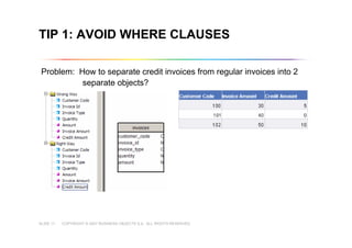 COPYRIGHT © 2007 BUSINESS OBJECTS S.A. ALL RIGHTS RESERVED.SLIDE 11
TIP 1: AVOID WHERE CLAUSES
Problem: How to separate credit invoices from regular invoices into 2
separate objects?
 