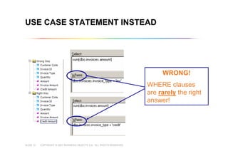 COPYRIGHT © 2007 BUSINESS OBJECTS S.A. ALL RIGHTS RESERVED.SLIDE 13
USE CASE STATEMENT INSTEAD
WRONG!
WHERE clauses
are rarely the right
answer!
 