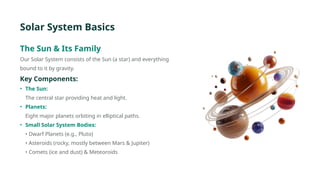 Solar System Basics
The Sun & Its Family
Our Solar System consists of the Sun (a star) and everything
bound to it by gravity.
Key Components:
• The Sun:
The central star providing heat and light.
• Planets:
Eight major planets orbiting in elliptical paths.
• Small Solar System Bodies:
• Dwarf Planets (e.g., Pluto)
• Asteroids (rocky, mostly between Mars & Jupiter)
• Comets (ice and dust) & Meteoroids
 