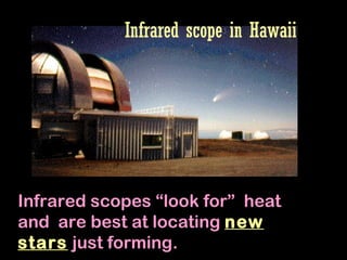Infrared scope in Hawaii Infrared scopes “look for”  heat and  are best at locating  new stars  just forming. 