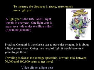 To measure the distances in space, astronomers use a light year. A  light year  is the DISTANCE light travels in one year.  One light year is equal to a little under 6 trillion miles! (6,000,000,000,000) Proxima Centauri is the closest star to our solar system.  It is about 4 light years away.  Going the speed of light it would take us 4 years to get there. Traveling as fast as the average spaceship, it would take between 70,000 and 100,000 years to get there! Video clip on a light year 