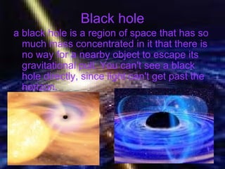 Black hole a black hole is a region of space that has so much mass concentrated in it that there is no way for a nearby object to escape its gravitational pull. You can't see a black hole directly, since light can't get past the horizon.  