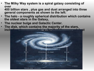The Milky Way system is a spiral galaxy consisting of over 400 billion stars , plus gas and dust arranged into three general components as shown to the left:  The halo - a roughly spherical distribution which contains the oldest stars in the Galaxy,  The nuclear bulge and Galactic Center.  The disk, which contains the majority of the stars, including the sun, and virtually all of the gas and dust   