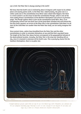 use a trick: the Polar Star is always exactly in the north!

              We know that the Earth’s axis is inclined by about 23 degrees with respect to its orbital
              plane and exactly points north, to the Polar Star. Unfortunately, the polar star is a
              rather weak star in the constellation Ursa Minor (also called Little Dipper). But there
              is a trick to find it: we first have to find the constellation Plough, which is one of the
              most widely known constellations of the Northern Hemisphere (see picture at previous
              page). The Plough (yellow dots) is part of the constellation Great Bear. Now, if we
              conceptually connect the two back stars of the Great Bear (marked red) and extend this
              line five times upward, we arrive at the Polar Star in the constellation Little Bear! As all
              stars of the Little Bear are weaker than the Polar Star itself, we can easily recognise the
              latter.

              Since ancient times, sailors have benefited from the Polar Star and the other
              constellations in order to orientate themselves at sea and find their way back home.
              The height of the Polar Star above horizon corresponds to the geographical latitude of
              the observational location. Actually, the Polar Star is the only star standing still on
              sky, since it is located in extension of the Earth’s axis. This is purely by chance! On the
              Southern Hemisphere, there is no polar star.




      Credit: F. Char/ESO


             Multiple-exposure picture taken from the top of the 3060-metre-high Cerro Armazones, the selected site
              for the European Extremely Large Telescope (E-ELT) in Chile. Because of the rotation of the Earth, the
                                night sky is seen as it rotates around the southern celestial pole.
138
 