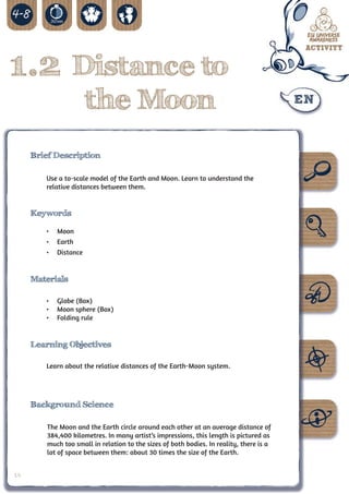 1.2 Distance to
                      the Moon
     Brief Description

        Use a to-scale model of the Earth and Moon. Learn to understand the
        relative distances between them.


     Keywords

        •	 Moon
        •	 Earth
        •	 Distance


     Materials

        •	 Globe (Box)
        •	 Moon sphere (Box)
        •	 Folding rule


     Learning Objectives

        Learn about the relative distances of the Earth-Moon system.




     Background Science

         The Moon and the Earth circle around each other at an average distance of
         384,400 kilometres. In many artist’s impressions, this length is pictured as
         much too small in relation to the sizes of both bodies. In reality, there is a
         lot of space between them: about 30 times the size of the Earth.


14
 