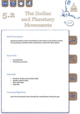 5.2                        The Zodiac
                          and Planetary
                           Movements

      Brief Description

         Study the positions of the constellations with respect to the planets and the
         Sun by placing a banderol with constellations around the Solar System.




      Keywords

         •	 Constellations
         •	 Planetary movement




      Materials

         •	   Banderol of Signs of the Zodiac (Box)
         •	   Wooden spheres (Box)
         •	   Blue cloth (Box)
         •	   Paperclip



      Learning Objectives

         Learn how the planets move through the constellations during the year.




144
 
