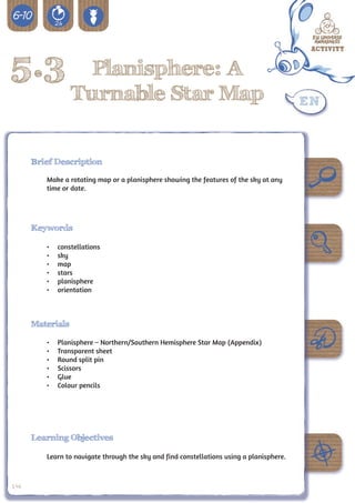 5.3                 Planisphere: A
                  Turnable Star Map


      Brief Description

         Make a rotating map or a planisphere showing the features of the sky at any
         time or date.




      Keywords

         •	   constellations
         •	   sky
         •	   map
         •	   stars
         •	   planisphere
         •	   orientation



      Materials

         •	   Planisphere – Northern/Southern Hemisphere Star Map (Appendix)
         •	   Transparent sheet
         •	   Round split pin
         •	   Scissors
         •	   Glue
         •	   Colour pencils




      Learning Objectives

         Learn to navigate through the sky and find constellations using a planisphere.



146
 
