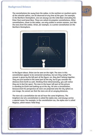 Background Science

   The constellations far away from the zodiac, in the northern or southern parts
   of the celestial sphere, can be observed at any time of the year. For example,
   in the Northern Hemisphere, one can always see the Little Bear (including the
   Polar Star) and Great Bear. These are called circumpolar constellations. Other
   constellations, closer to the zodiac, are only visible in certain seasons, just like
   the ones from the zodiac. Orion, for example, is a winter constellation on the
   Northern Hemisphere.




                                                           Lig
                                                              ht
                                                                 Ye
                                                                   ars




   In the figure above, Orion can be seen on the right. The stars in this
   constellation appear to be connected somehow, but are they really? The
   answer is given by the left part of the figure: no, they don’t belong together.
   They are just located in the same part of the sky, but if you consider the
   distance from Earth as well, thinking three-dimensionally, you will notice
   they are in fact far apart. The man in the lower left part of the picture
   is standing on Earth and looking up at the sky. He sees a constellation,
   because from his perspective all stars are projected onto the sky sphere as
   one image. He cannot see that the stars are all at varying distances.

   The stars of a constellation do not all have the same brightness. The
   brightest star of a constellation is called the alpha star, and always carries
   a special name. For example, in the constellation Leo, the alpha star is called
   Regulus, which means ‘little king‘.




                                                                                          151
 