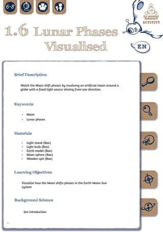 1.6              Lunar Phases
                  Visualised

     Brief Description

        Watch the Moon shift phases by revolving an artificial moon around a
        globe with a fixed light source shining from one direction.



     Keywords

        •	 Moon
        •	 Lunar phases



     Materials

        •	   Light stand (Box)
        •	   Light bulb (Box)
        •	   Earth model (Box)
        •	   Moon sphere (Box)
        •	   Wooden spit (Box)



     Learning Objectives

        Visualise how the Moon shifts phases in the Earth-Moon-Sun
        system



     Background Science


          See introduction


24
 