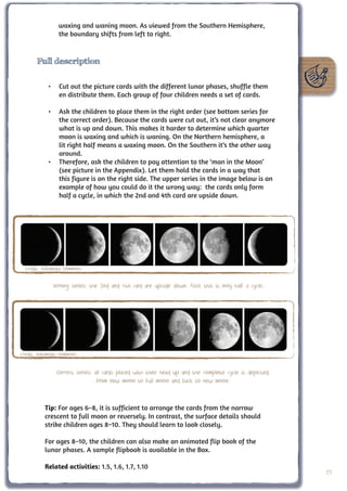 waxing and waning moon. As viewed from the Southern Hemisphere,
                 the boundary shifts from left to right.


       Full description


            •	 Cut out the picture cards with the different lunar phases, shuffle them
               en distribute them. Each group of four children needs a set of cards.

            •	 Ask the children to place them in the right order (see bottom series for
               the correct order). Because the cards were cut out, it’s not clear anymore
               what is up and down. This makes it harder to determine which quarter
               moon is waxing and which is waning. On the Northern hemisphere, a
               lit right half means a waxing moon. On the Southern it’s the other way
               around.
            •	 Therefore, ask the children to pay attention to the ‘man in the Moon’
               (see picture in the Appendix). Let them hold the cards in a way that
               this figure is on the right side. The upper series in the image below is an
               example of how you could do it the wrong way: the cards only form
               half a cycle, in which the 2nd and 4th card are upside down.




  Credit: Wikimedia Commons


              Wrong series: the 2nd and 4th card are upside down. Also, this is noly half a cycle..




Credit: Wikimedia Commons


                Correct series: all cards placed with their head up and the complete cycle is depicted,
                                 from new moon to full moon and back to new moon.


          Tip: For ages 6–8, it is sufficient to arrange the cards from the narrow
          crescent to full moon or reversely. In contrast, the surface details should
          strike children ages 8–10. They should learn to look closely.

          For ages 8–10, the children can also make an animated flip book of the
          lunar phases. A sample flipbook is available in the Box.

          Related activities: 1.5, 1.6, 1.7, 1.10
                                                                                                          29
 
