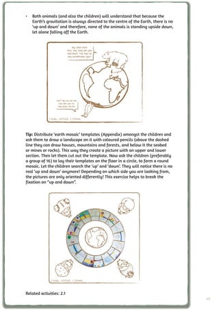 •	 Both animals (and also the children) will understand that because the
   Earth’s gravitation is always directed to the centre of the Earth, there is no
   ‘up and down’ and therefore, none of the animals is standing upside down,
   let alone falling off the Earth.




             Credit: UNAWE C.Provot



Tip: Distribute ‘earth mosaic’ templates (Appendix) amongst the children and
ask them to draw a landscape on it with coloured pencils (above the dashed
line they can draw houses, mountains and forests, and below it the seabed
or mines or rocks). This way they create a picture with an upper and lower
section. Then let them cut out the template. Now ask the children (preferably
a group of 16) to lay their templates on the floor in a circle, to form a round
mosaic. Let the children search the ‘up’ and ‘down’. They will notice there is no
real ‘up and down’ anymore! Depending on which side you are looking from,
the pictures are only oriented differently! This exercise helps to break the
fixation on “up and down”.




              Credit: UNAWE C.Provot


Related activities: 2.1
                                                                                    45
 