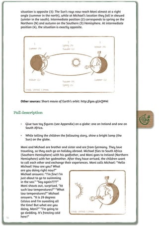 situation is opposite (3): The Sun’s rays now reach Moni almost at a right
        angle (summer in the north), while at Michael’s location they fall in skewed
        (winter in the south). Intermediate position (2) corresponds to spring on the
        Northern (N) and autumn on the Southern (S) Hemisphere. At intermediate
        position (4), the situation is exactly opposite.



                                           2                      1
                  3                    Spring (N)             Winter (N)
              Summer (N)               Autumn (S)




              Winter (S)                                      Summer (S)
                                       Autumn (N)
                                       Spring (S)
           Credit: UNAWE C.Provot



        Other sources: Short movie of Earth’s orbit: http://goo.gl/eQW4l


     Full description

        •	 Glue two toy figures (see Appendix) on a globe: one on Ireland and one on
           South Africa.

        •	 While telling the children the following story, shine a bright lamp (the
           Sun) on the globe.

        Moni and Michael are brother and sister and are from Germany. They love
        traveling, so they each go on holiday abroad. Michael flies to South Africa
        (Southern Hemisphere) with his godfather, and Moni goes to Ireland (Northern
        Hemisphere) with her godmother. After they have arrived, the children want
        to call each other and exchange their experiences. Moni calls Michael: “Hello
        Michael! How are you? What
        are you doing right now?”
        Michael answers: “I’m fine! I’m
        just about to go to swimming
        in the sea.” “Say again????”
        Moni shouts out, surprised. “At
        such low temperatures?” “What
        low temperatures?” Michael
        answers. “It is 29 degrees
        Celsius and I’m sweating all
        the time! But what are you
        doing, Moni?” “I’m going to
                                             Credit: UNAWE C.Provot
        go sledding. It’s freezing cold
56      here!”
 