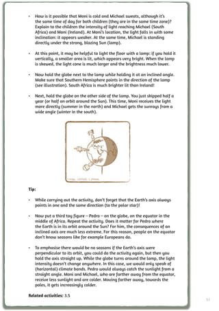 •	 How is it possible that Moni is cold and Michael sweats, although it’s
   the same time of day for both children (they are in the same time zone)?
   Explain to the children the intensity of light reaching Michael (South
   Africa) and Moni (Ireland). At Moni’s location, the light falls in with some
   inclination: it appears weaker. At the same time, Michael is standing
   directly under the strong, blazing Sun (lamp).

•	 At this point, it may be helpful to light the floor with a lamp: if you hold it
   vertically, a smaller area is lit, which appears very bright. When the lamp
   is skewed, the light cone is much larger and the brightness much lower.

•	 Now hold the globe next to the lamp while holding it at an inclined angle.
   Make sure that Southern Hemisphere points in the direction of the lamp
   (see illustration). South Africa is much brighter lit than Ireland!

•	 Next, hold the globe on the other side of the lamp. You just skipped half a
   year (or half an orbit around the Sun). This time, Moni receives the light
   more directly (summer in the north) and Michael gets the sunrays from a
   wide angle (winter in the south).




                     Credit: UNAWE C.Provot

Tip:

•	 While carrying out the activity, don’t forget that the Earth’s axis always
   points in one and the same direction (to the polar star)!

•	 Now put a third toy figure – Pedro – on the globe, on the equator in the
   middle of Africa. Repeat the activity. Does it matter for Pedro where
   the Earth is in its orbit around the Sun? For him, the consequences of an
   inclined axis are much less extreme. For this reason, people on the equator
   don’t know seasons like for example Europeans do.

•	 To emphasise there would be no seasons if the Earth’s axis were
   perpendicular to its orbit, you could do the activity again, but then you
   hold the axis straight up. While the globe turns around the lamp, the light
   intensity doesn’t change anywhere. In this case, we would only speak of
   (horizontal) climate bands. Pedro would always catch the sunlight from a
   straight angle. Moni and Michael, who are farther away from the equator,
   receive less sunlight and are colder. Moving farther away, towards the
   poles, it gets increasingly colder.

Related activities: 3.5
                                                                                     57
 