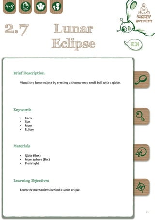 2.7                        Lunar
                           Eclipse

 Brief Description

    Visualise a lunar eclipse by creating a shadow on a small ball with a globe.




 Keywords

    •	   Earth
    •	   Sun
    •	   Moon
    •	   Eclipse




 Materials

    •	 Globe (Box)
    •	 Moon sphere (Box)
    •	 Flash light




 Learning Objectives

    Learn the mechanisms behind a lunar eclipse.




                                                                                   63
 