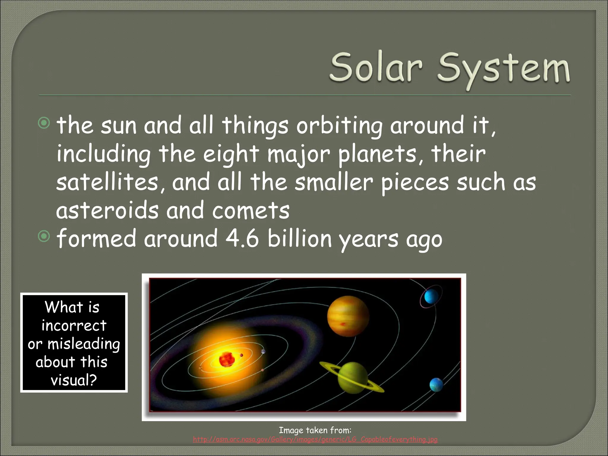  the sun and all things orbiting around it,
including the eight major planets, their
satellites, and all the smaller pieces such as
asteroids and comets
 formed around 4.6 billion years ago
Image taken from:
http://asm.arc.nasa.gov/Gallery/images/generic/LG_Capableofeverything.jpg
What is
incorrect
or misleading
about this
visual?
 