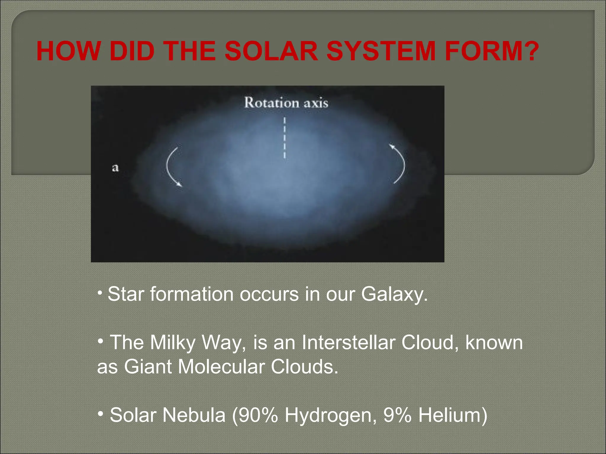 HOW DID THE SOLAR SYSTEM FORM?
• Star formation occurs in our Galaxy.
• The Milky Way, is an Interstellar Cloud, known
as Giant Molecular Clouds.
• Solar Nebula (90% Hydrogen, 9% Helium)
 