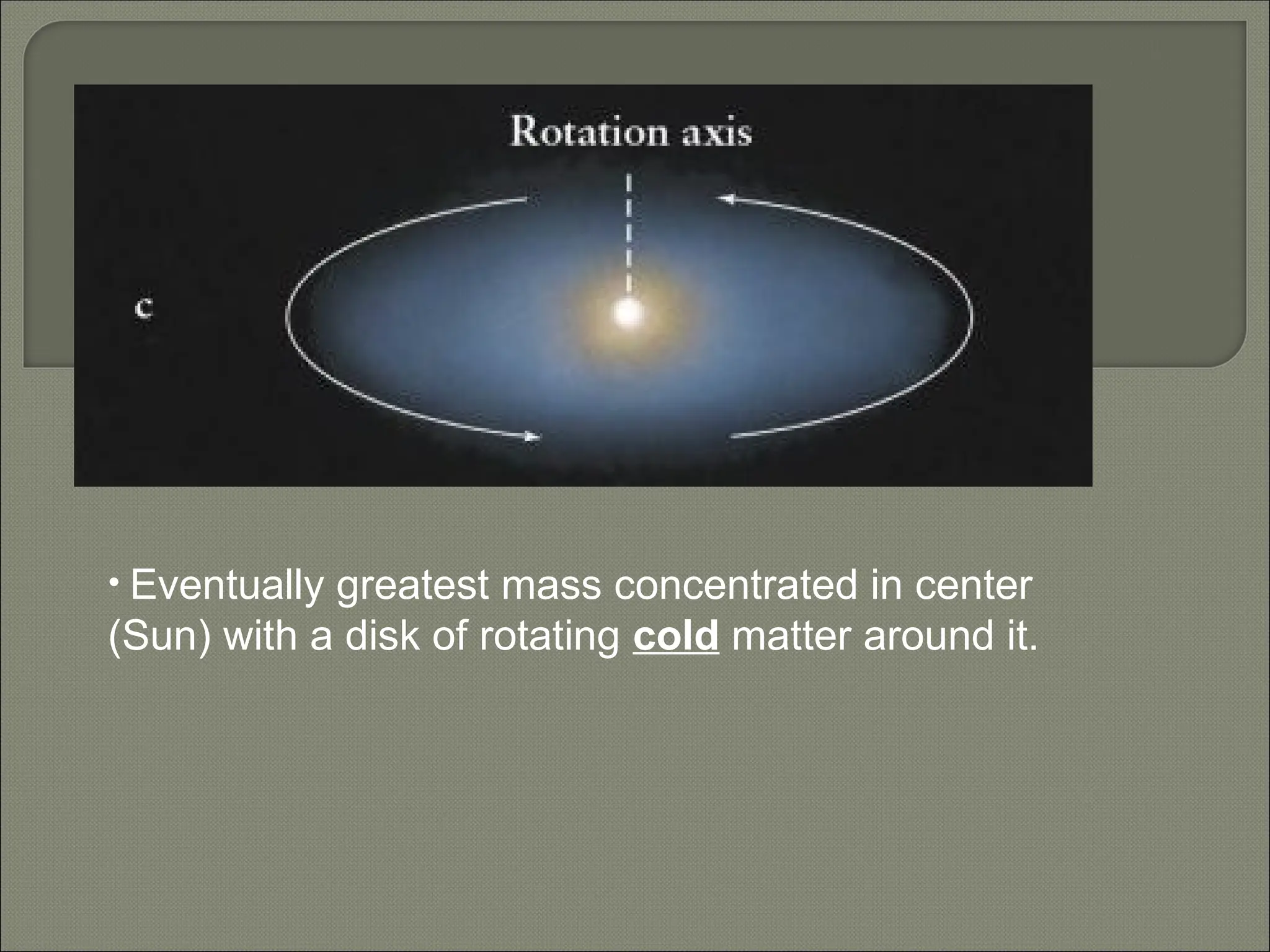• Eventually greatest mass concentrated in center
(Sun) with a disk of rotating cold matter around it.
 