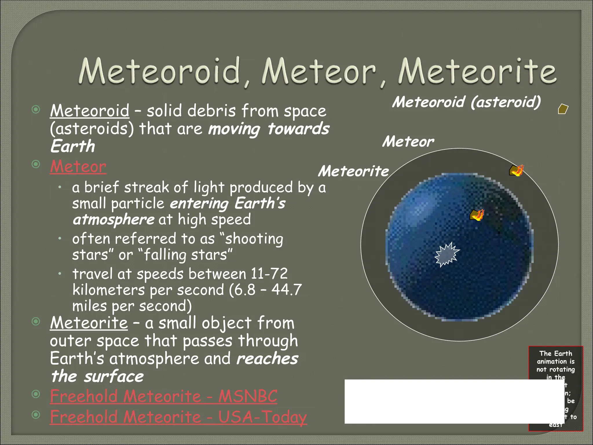  Meteoroid – solid debris from space
(asteroids) that are moving towards
Earth
 Meteor
• a brief streak of light produced by a
small particle entering Earth’s
atmosphere at high speed
• often referred to as “shooting
stars” or “falling stars”
• travel at speeds between 11-72
kilometers per second (6.8 – 44.7
miles per second)
 Meteorite – a small object from
outer space that passes through
Earth’s atmosphere and reaches
the surface
 Freehold Meteorite - MSNBC
 Freehold Meteorite - USA-Today
Meteoroid (asteroid)
Meteor
Meteorite
The Earth
animation is
not rotating
in the
correct
direction;
it should be
rotating
from west to
east
What causes a meteor
shower to occur?
 