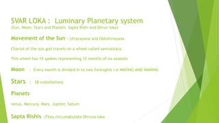 SVAR LOKA : Luminary Planetary system
(Sun, Moon, Stars and Planets Sapta Rishi and Dhruv loka)
Movement of the Sun : Uttarayana and Dakshinayana
Chariot of the sun god travels on a wheel called samvastara.
This wheel has 12 spokes representing 12 months of six seasons
Moon : Every month is divided in to two fortnights i.e WAXING AND WANING
Stars : 28 costellations
Planets
venus, Mercury, Mars, Jupiter, Saturn
Sapta Rishis :They circumabulate Dhruva loka
 