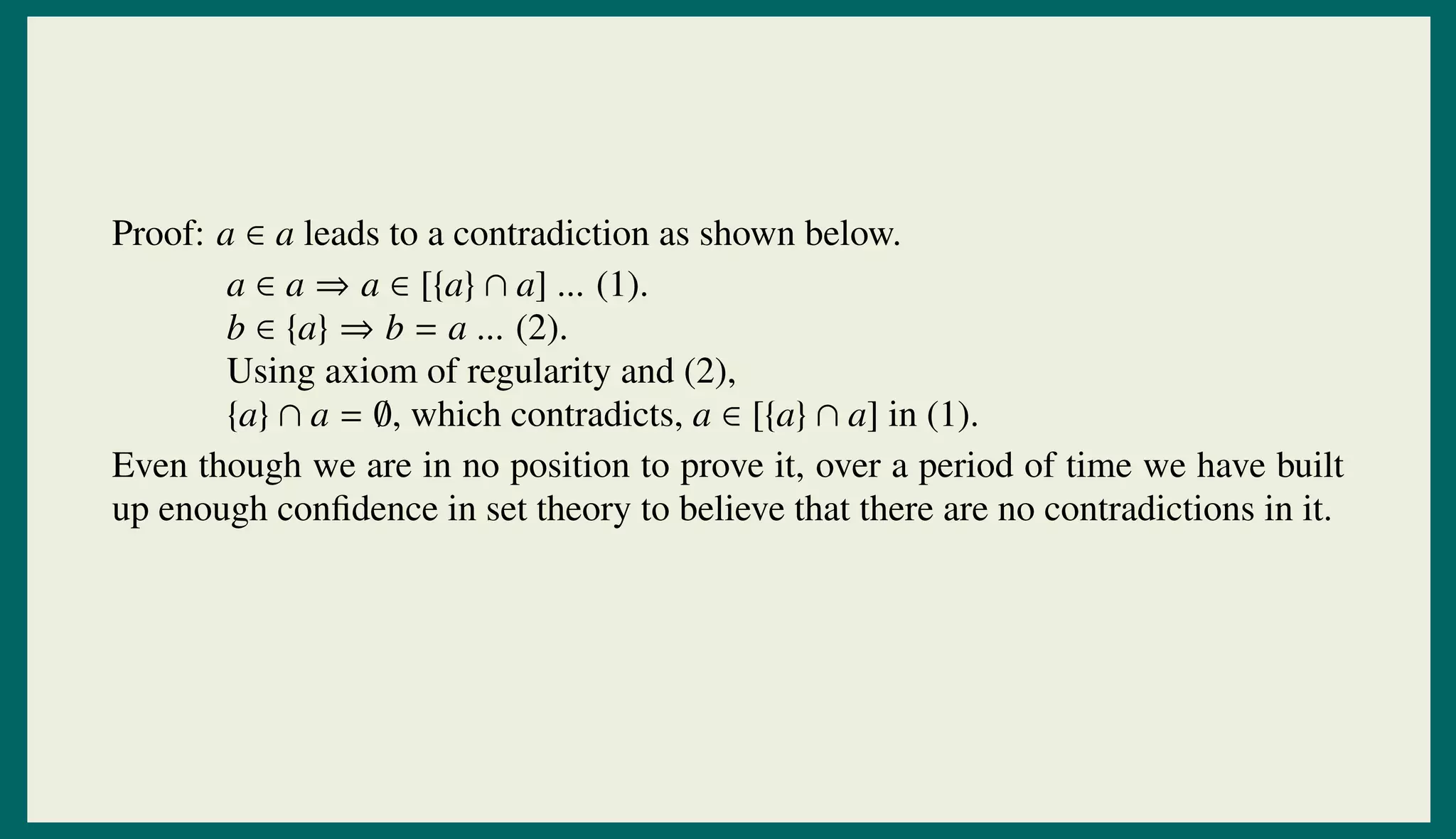 Proof: a ∈ a leads to a contradiction as shown below.
a ∈ a ⇒ a ∈ [{a} ∩ a] ... (1).
b ∈ {a} ⇒ b = a ... (2).
Using axiom of regularity and (2),
{a} ∩ a = ∅, which contradicts, a ∈ [{a} ∩ a] in (1).
Even though we are in no position to prove it, over a period of time we have built
up enough conﬁdence in set theory to believe that there are no contradictions in it.
 